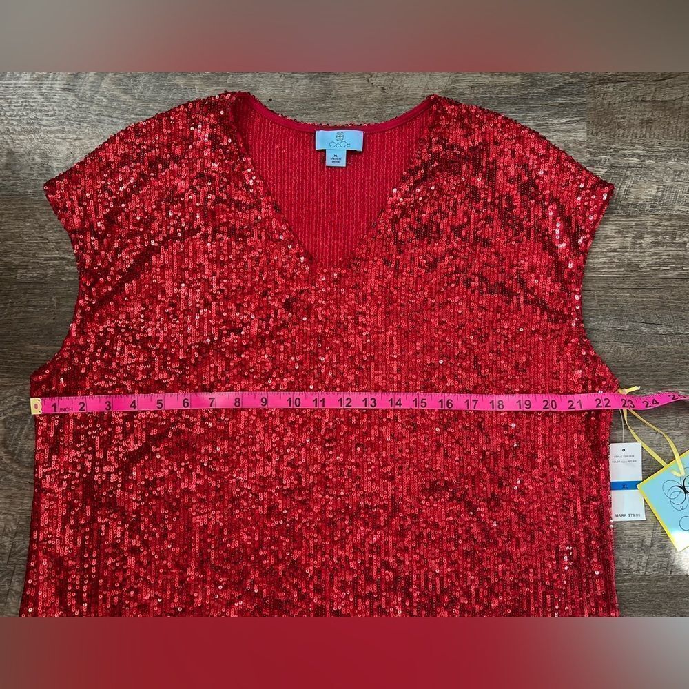 CeCe Sequined V-Neck Cap-Sleeve Red Blouse-Size XL - Picture 5 of 7